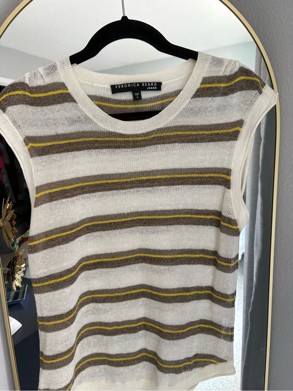 Veronica Beard Cream Sleeveless Striped Knit Tank with Gray and Yellow Bands